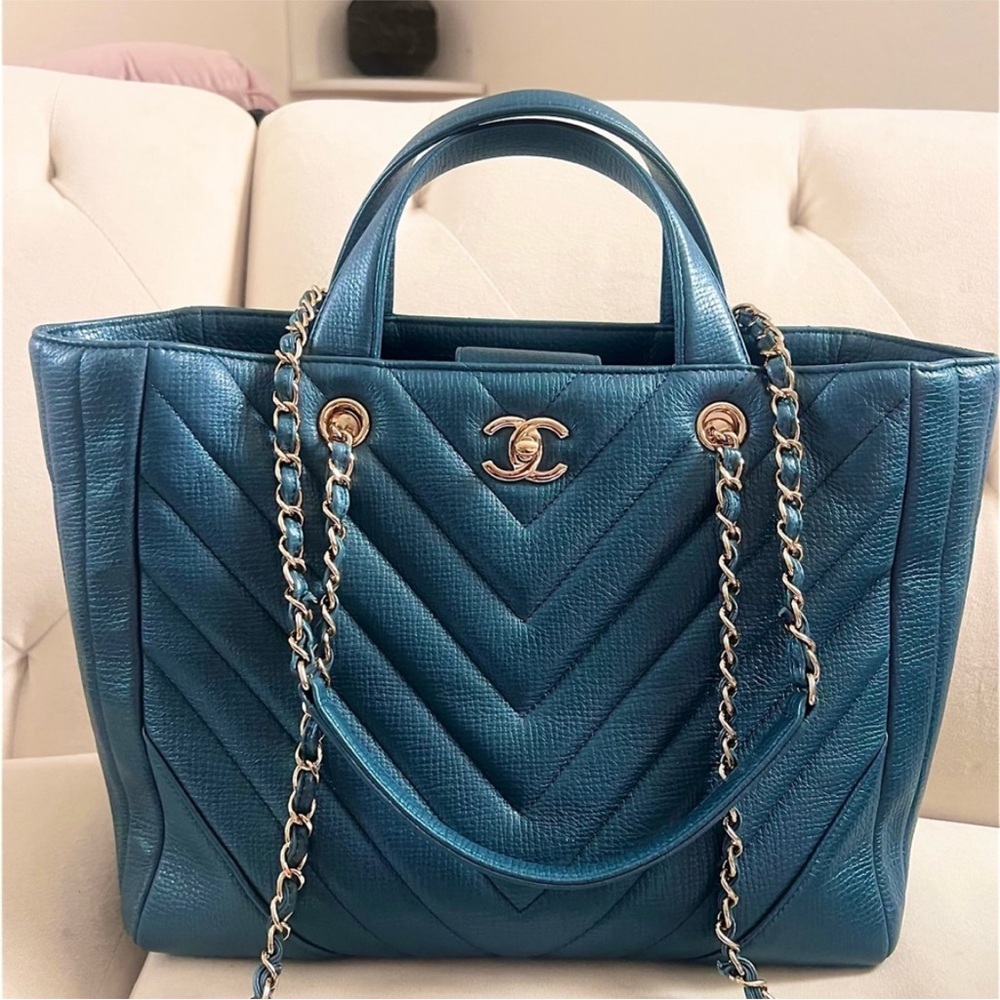 Chanel Teal Quilted Caviar Chevron Leather Tote